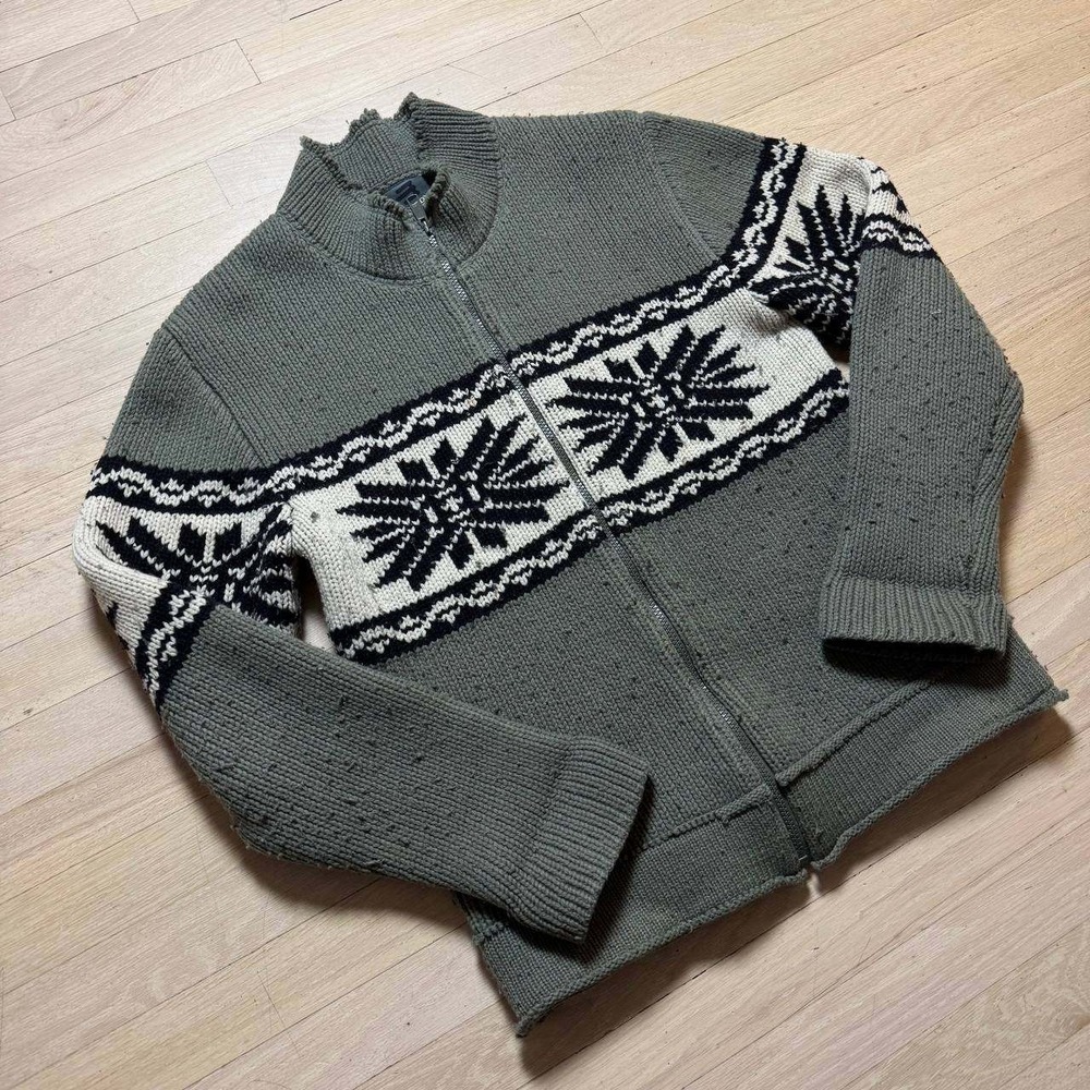 Brody Mens Lambswool Blend Full Zip Nordic Snowflake Sweater Green Size M